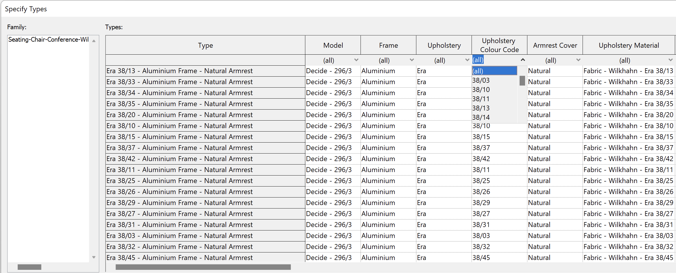 Screenshot of filter types by specific material code in Revit.